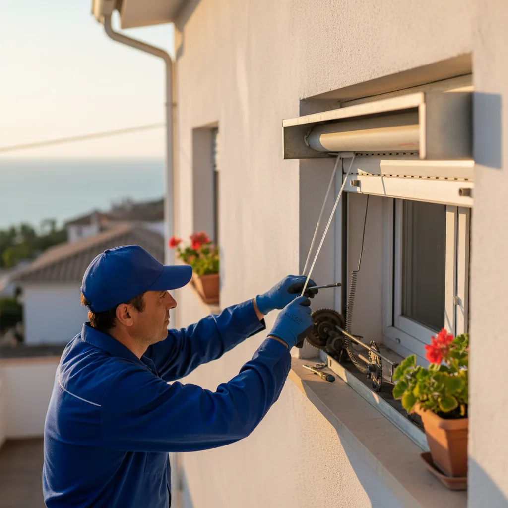 Técnico reparando el mecanismo de una persiana enrollable en una vivienda
